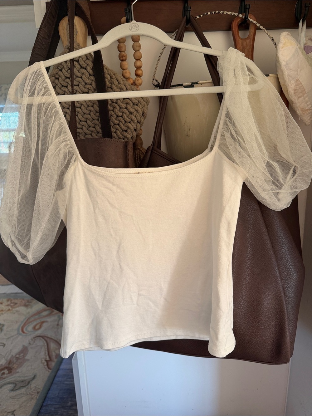 Free People Cream Square Neck Puff Sleeve Crop Top